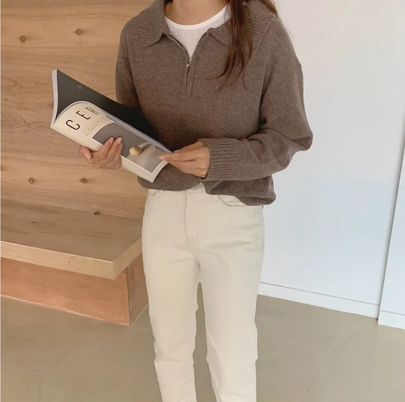 Zipper Chic Lapel Pullover Women Sweaters Hot Sale Casual Loose Autumn Knitwear Warm Outwear Stylish Jumpers