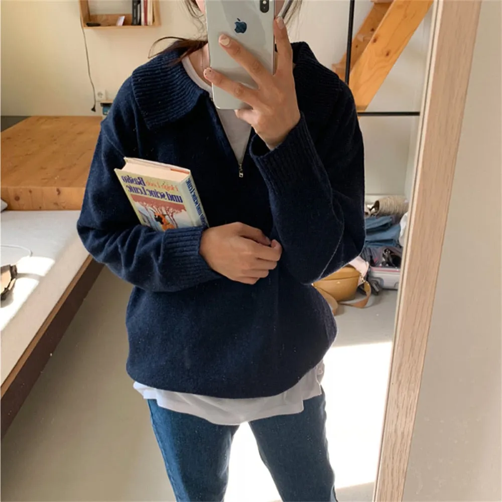 Zipper Chic Lapel Pullover Women Sweaters Hot Sale Casual Loose Autumn Knitwear Warm Outwear Stylish Jumpers