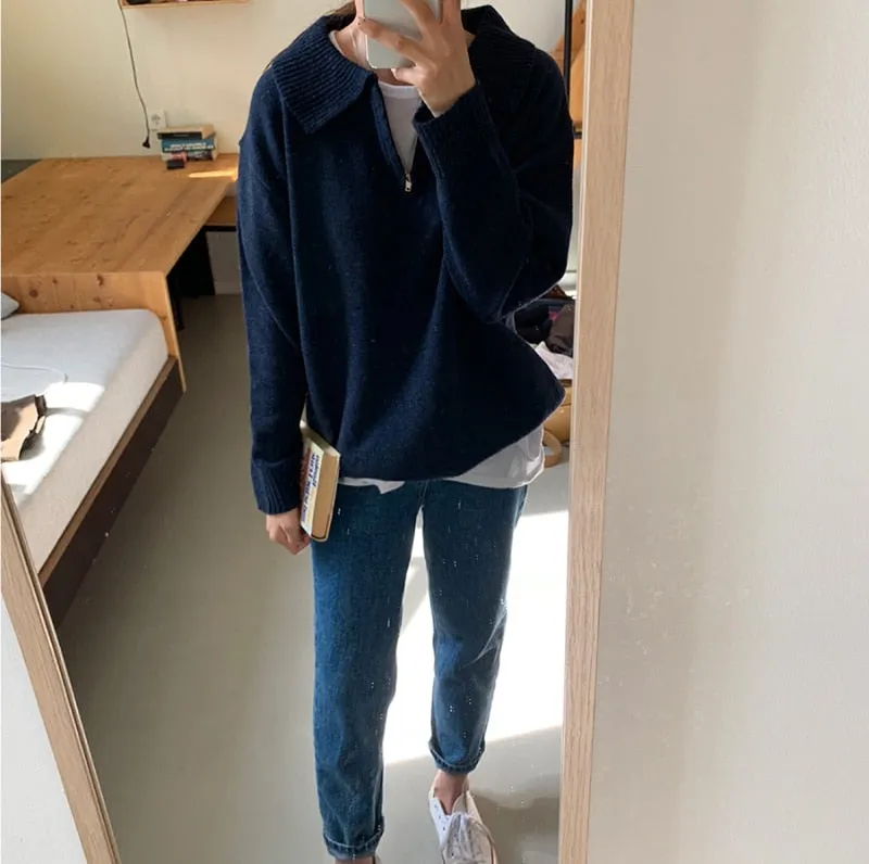 Zipper Chic Lapel Pullover Women Sweaters Hot Sale Casual Loose Autumn Knitwear Warm Outwear Stylish Jumpers