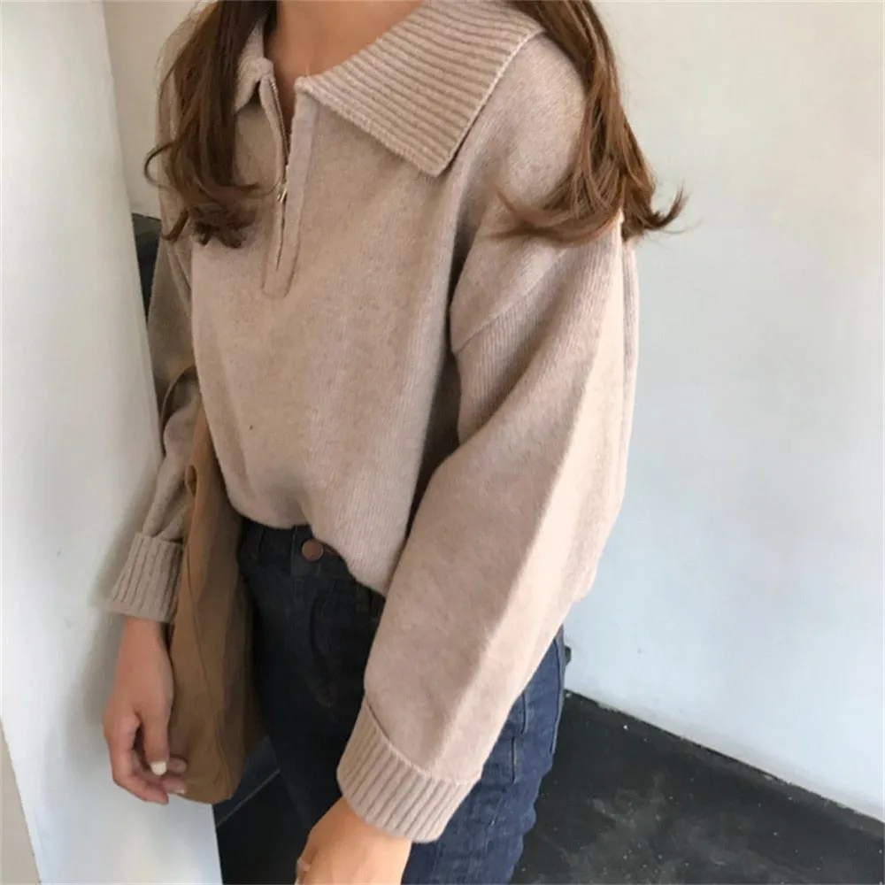 Zipper Chic Lapel Pullover Women Sweaters Hot Sale Casual Loose Autumn Knitwear Warm Outwear Stylish Jumpers