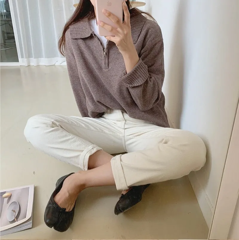 Zipper Chic Lapel Pullover Women Sweaters Hot Sale Casual Loose Autumn Knitwear Warm Outwear Stylish Jumpers