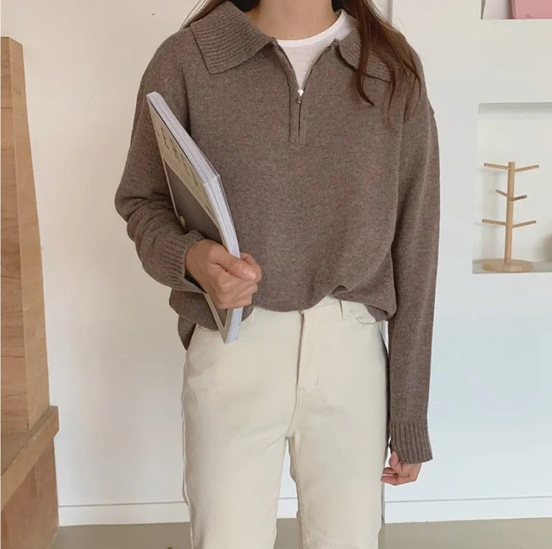 Zipper Chic Lapel Pullover Women Sweaters Hot Sale Casual Loose Autumn Knitwear Warm Outwear Stylish Jumpers