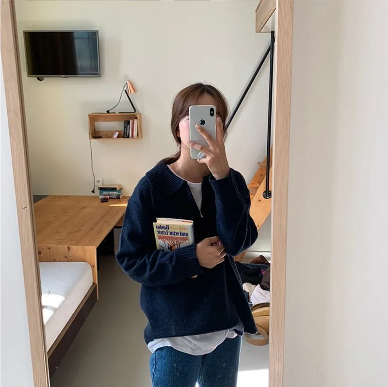 Zipper Chic Lapel Pullover Women Sweaters Hot Sale Casual Loose Autumn Knitwear Warm Outwear Stylish Jumpers