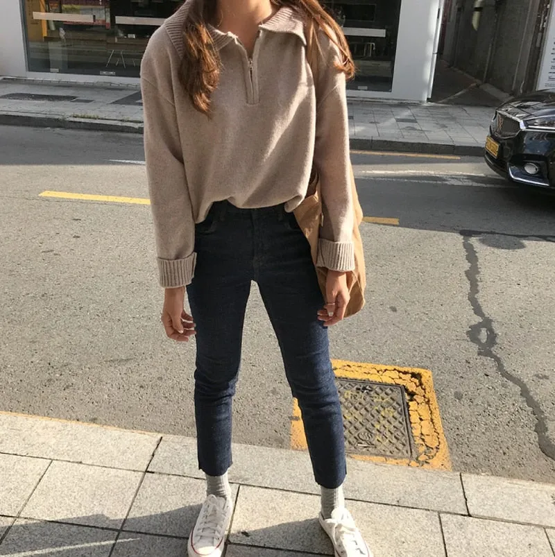 Zipper Chic Lapel Pullover Women Sweaters Hot Sale Casual Loose Autumn Knitwear Warm Outwear Stylish Jumpers