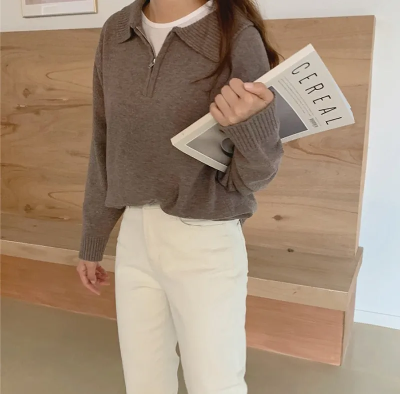 Zipper Chic Lapel Pullover Women Sweaters Hot Sale Casual Loose Autumn Knitwear Warm Outwear Stylish Jumpers