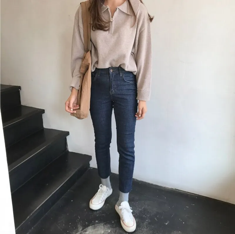 Zipper Chic Lapel Pullover Women Sweaters Hot Sale Casual Loose Autumn Knitwear Warm Outwear Stylish Jumpers