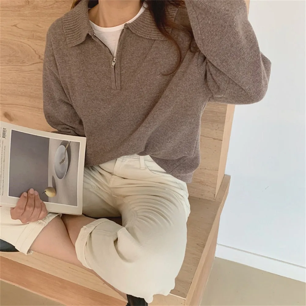 Zipper Chic Lapel Pullover Women Sweaters Hot Sale Casual Loose Autumn Knitwear Warm Outwear Stylish Jumpers