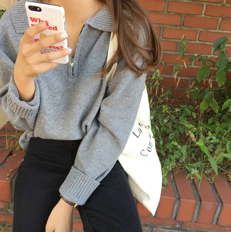 Zipper Chic Lapel Pullover Women Sweaters Hot Sale Casual Loose Autumn Knitwear Warm Outwear Stylish Jumpers