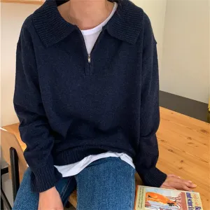 Zipper Chic Lapel Pullover Women Sweaters Hot Sale Casual Loose Autumn Knitwear Warm Outwear Stylish Jumpers