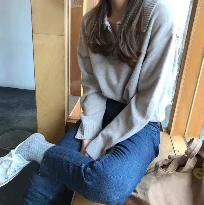 Zipper Chic Lapel Pullover Women Sweaters Hot Sale Casual Loose Autumn Knitwear Warm Outwear Stylish Jumpers