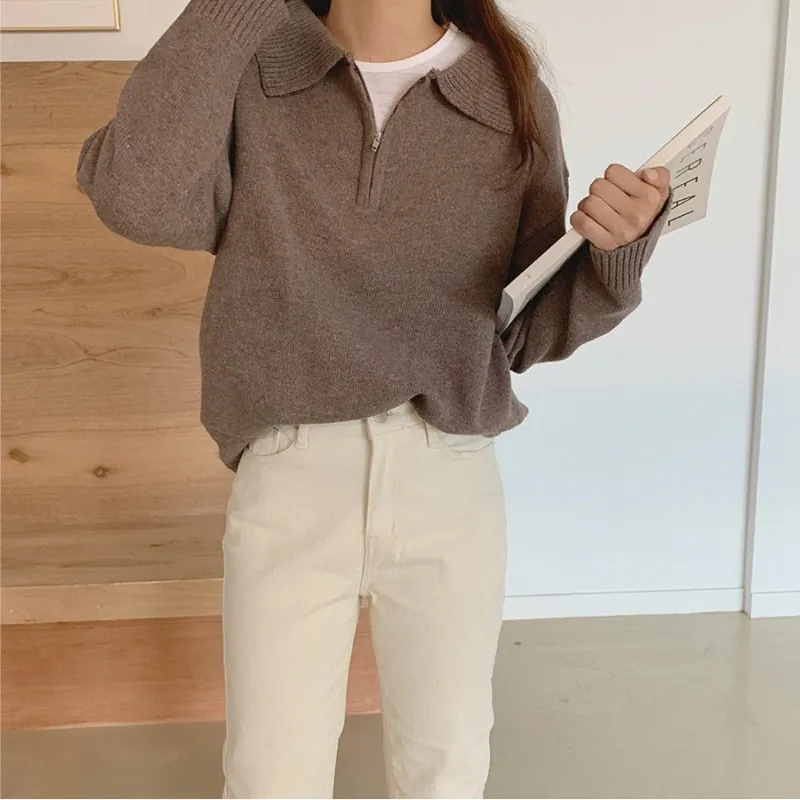 Zipper Chic Lapel Pullover Women Sweaters Hot Sale Casual Loose Autumn Knitwear Warm Outwear Stylish Jumpers