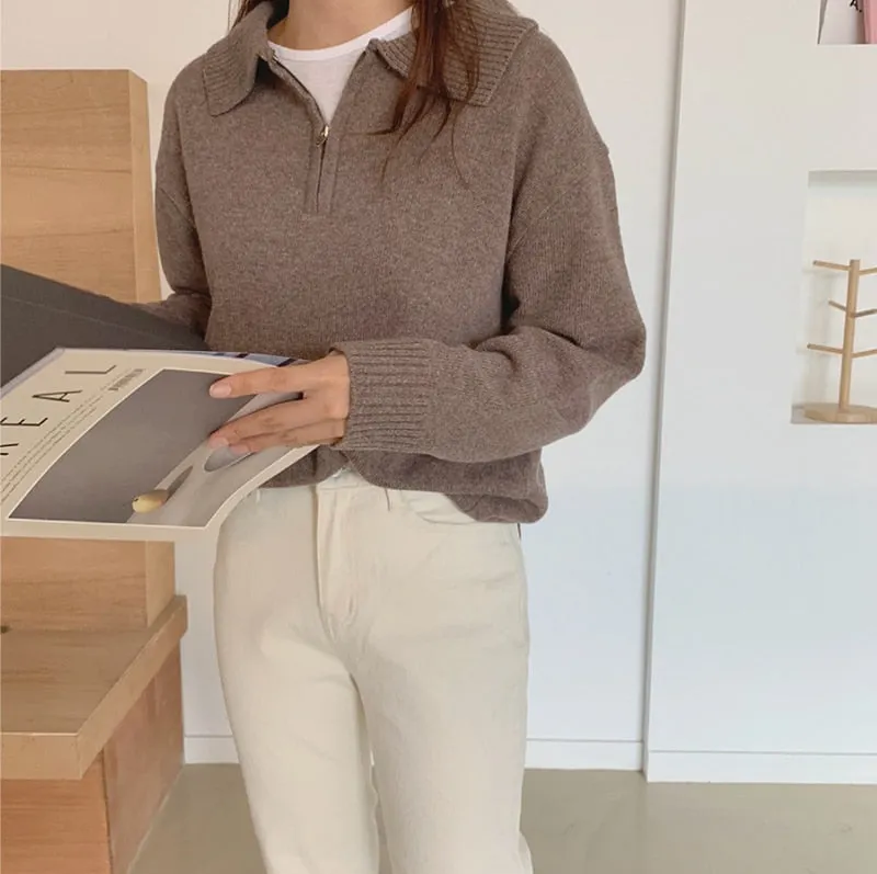 Zipper Chic Lapel Pullover Women Sweaters Hot Sale Casual Loose Autumn Knitwear Warm Outwear Stylish Jumpers