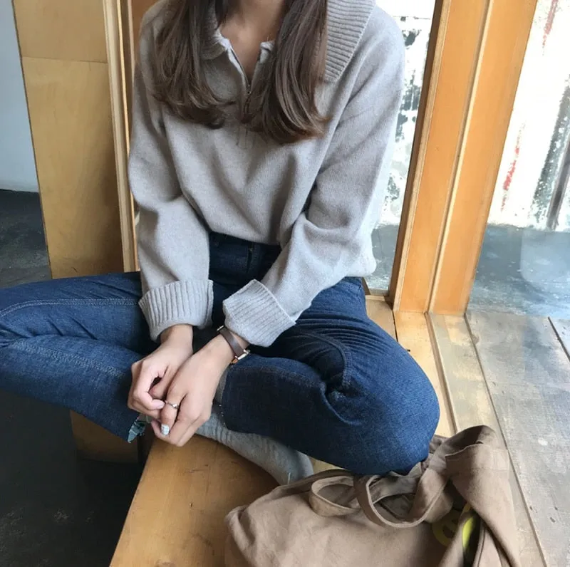 Zipper Chic Lapel Pullover Women Sweaters Hot Sale Casual Loose Autumn Knitwear Warm Outwear Stylish Jumpers