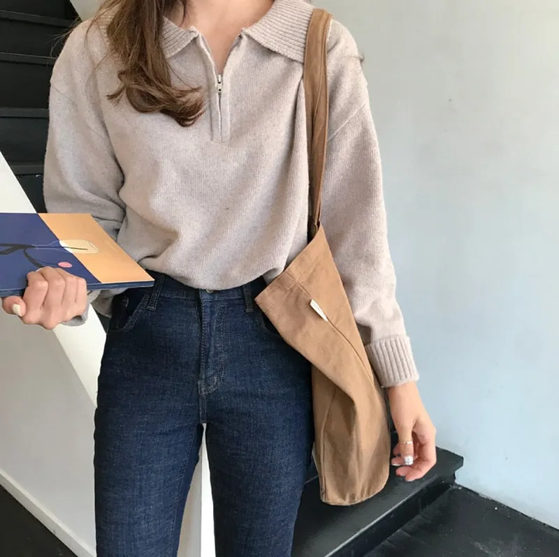 Zipper Chic Lapel Pullover Women Sweaters Hot Sale Casual Loose Autumn Knitwear Warm Outwear Stylish Jumpers