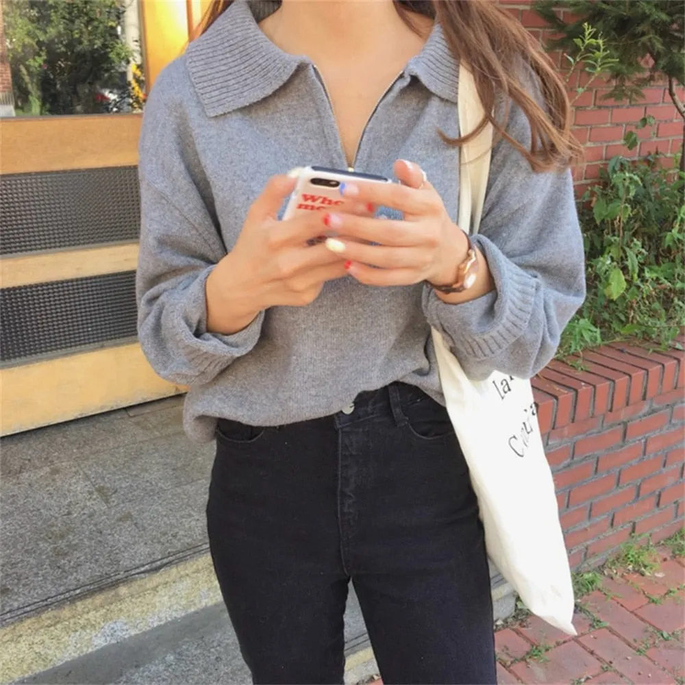 Zipper Chic Lapel Pullover Women Sweaters Hot Sale Casual Loose Autumn Knitwear Warm Outwear Stylish Jumpers