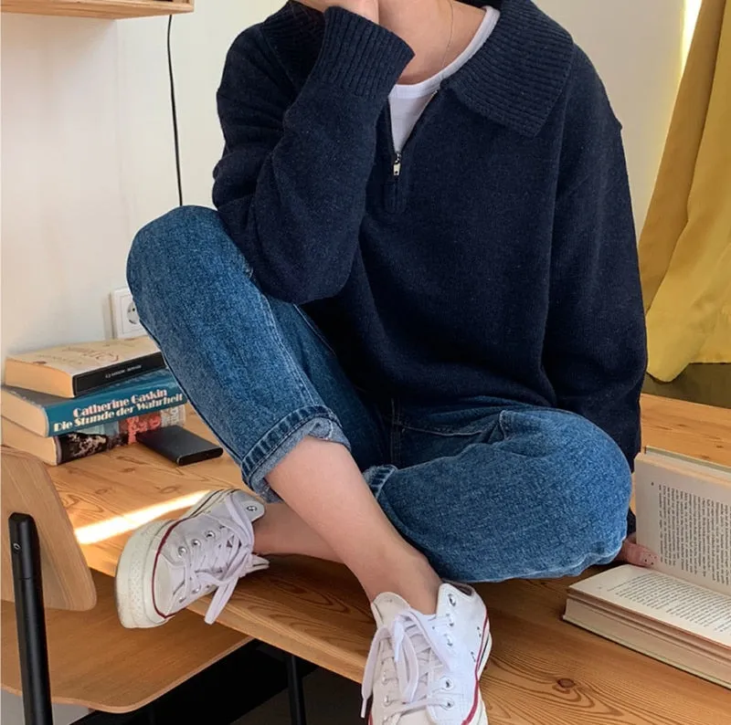 Zipper Chic Lapel Pullover Women Sweaters Hot Sale Casual Loose Autumn Knitwear Warm Outwear Stylish Jumpers