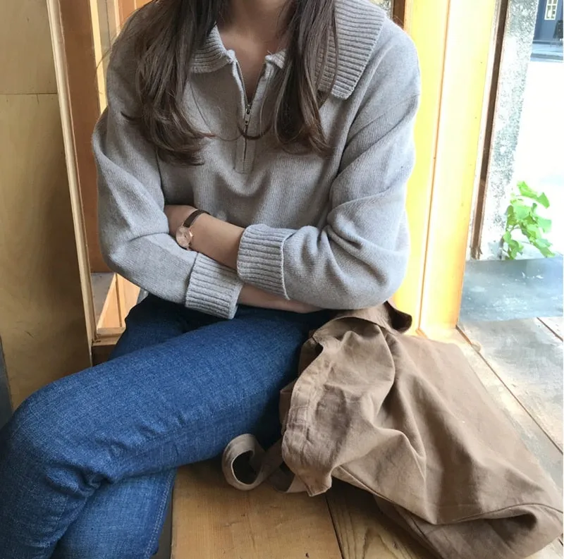 Zipper Chic Lapel Pullover Women Sweaters Hot Sale Casual Loose Autumn Knitwear Warm Outwear Stylish Jumpers