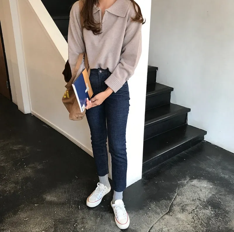 Zipper Chic Lapel Pullover Women Sweaters Hot Sale Casual Loose Autumn Knitwear Warm Outwear Stylish Jumpers