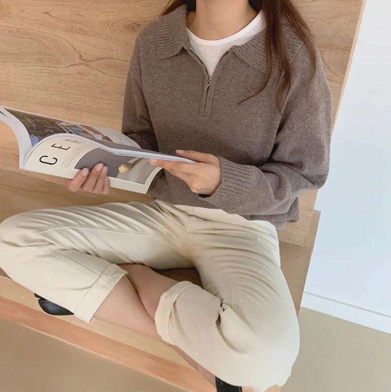 Zipper Chic Lapel Pullover Women Sweaters Hot Sale Casual Loose Autumn Knitwear Warm Outwear Stylish Jumpers
