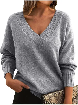 ZWRXW Women's Oversized Sweaters Sexy V Neck Long Sleeve Solid Jumper Cable Knit Loose Fit Pullover Fall Fashion Tops