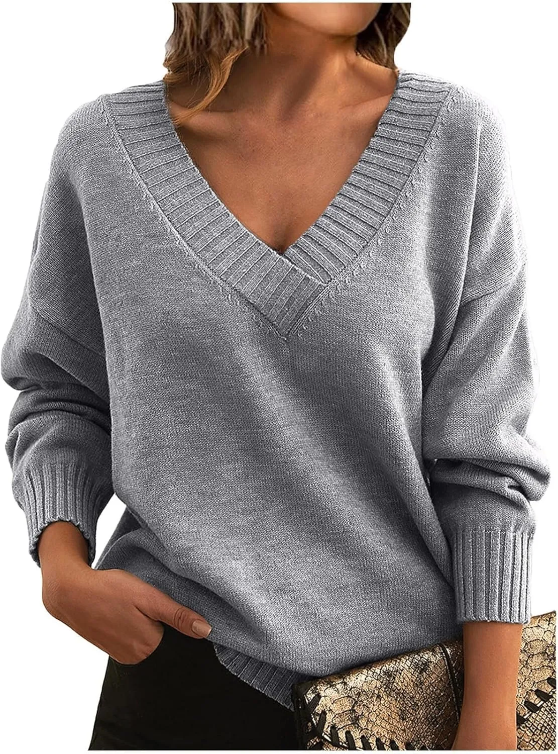 ZWRXW Women's Oversized Sweaters Sexy V Neck Long Sleeve Solid Jumper Cable Knit Loose Fit Pullover Fall Fashion Tops